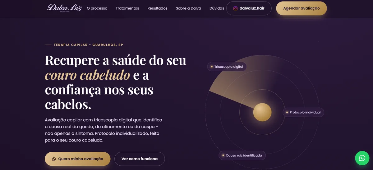Site da clínica Dalva Luz Studio Hair desenvolvido pela JvSoft, com foco em conversão de pacientes