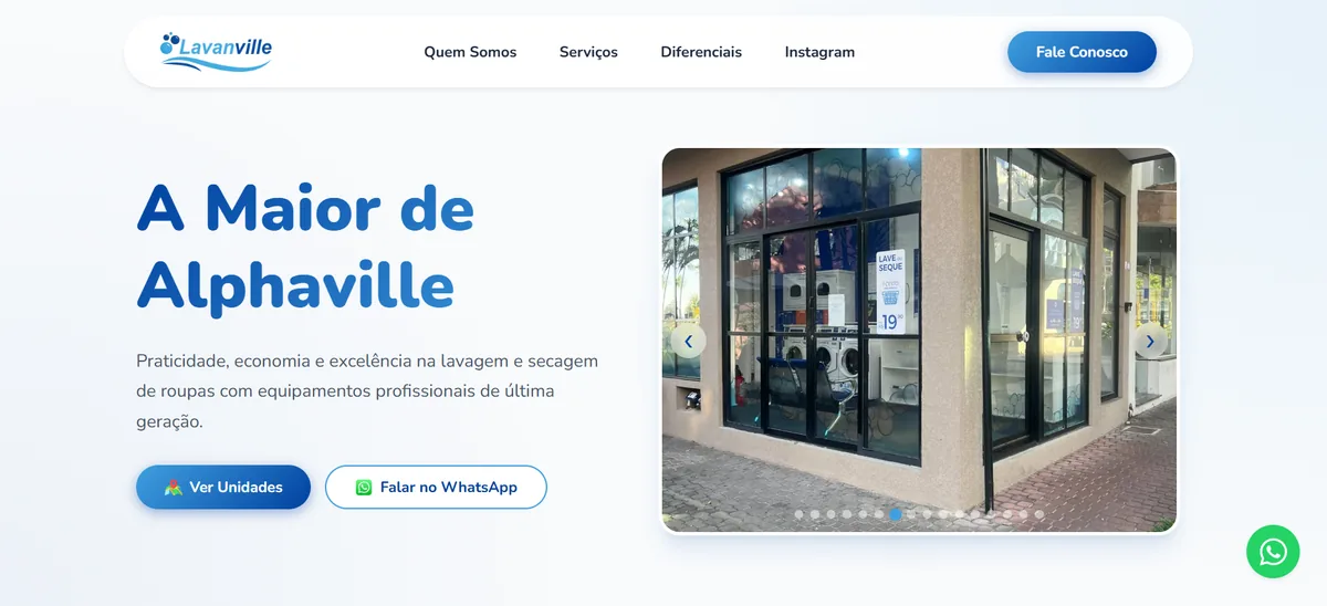 Site da lavanderia Lavanville em Alphaville desenvolvido pela JvSoft, com unidades e horários