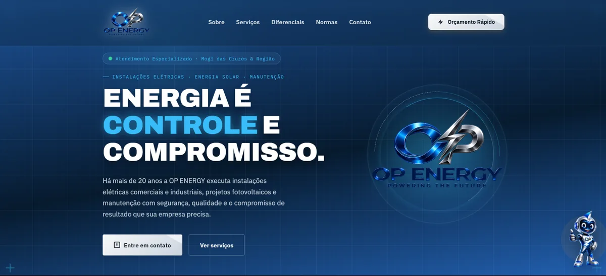 Site da OP ENERGY desenvolvido pela JvSoft, com hero escuro e catálogo de serviços elétricos